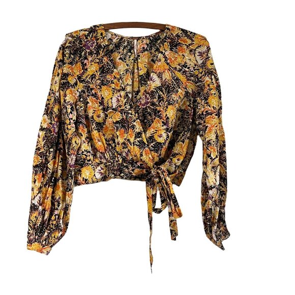 Free People Boho Floral Wrap Tie Balloon Sleeve Blouse Top Size XSmall - Picture 1 of 8